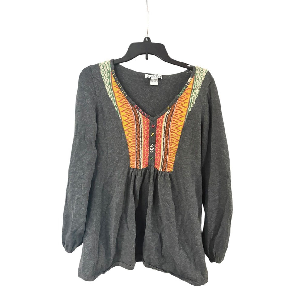 R&B Womens Boho Embroidered V-Neck Babydoll Top Charcoal Grey Large